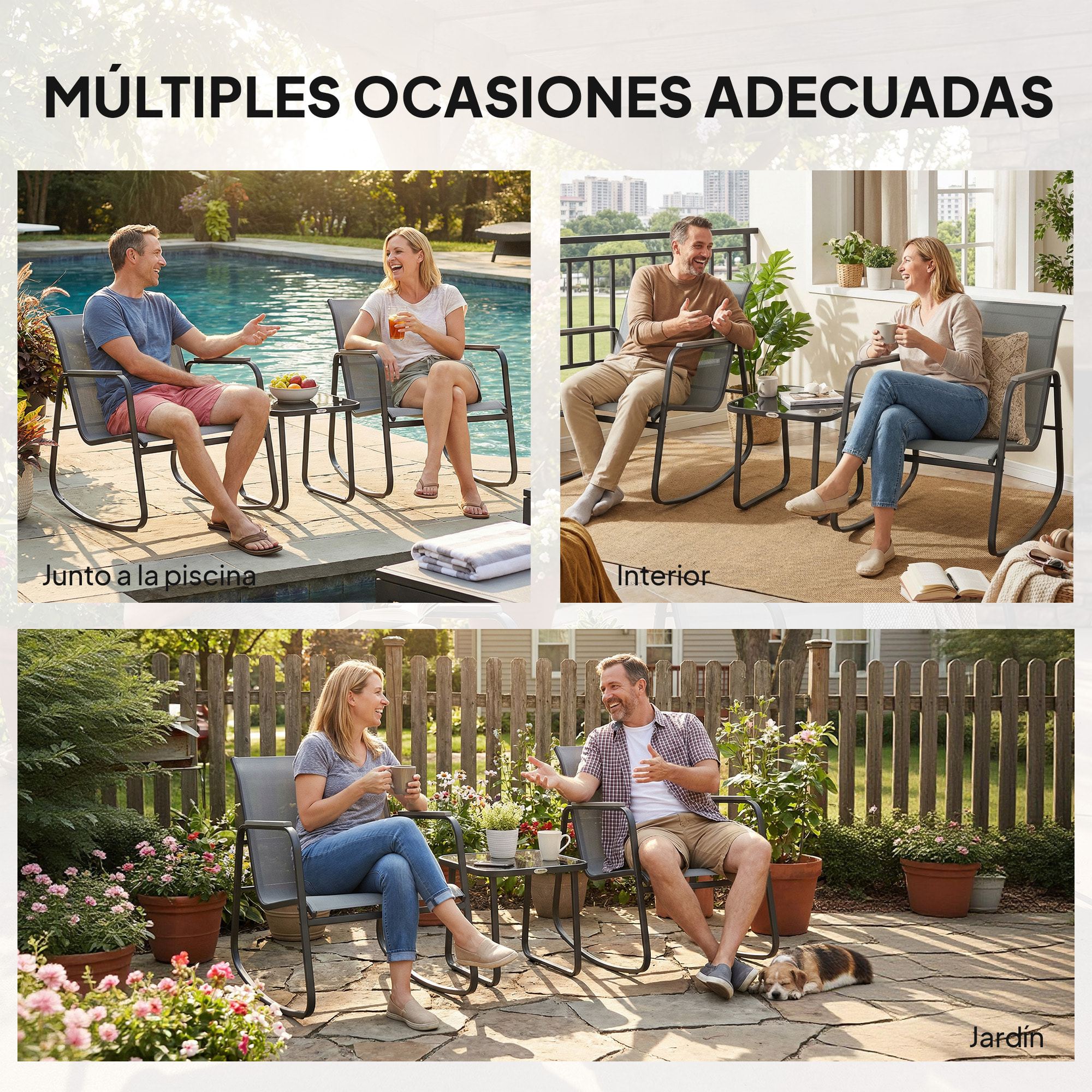 Conjunto de Mesa y Sillas de Terraza Exterior de 3 Piezas, Muebles de Jardín Exterior con 2 Sillas Mecedoras, Mesa con Encimera de Vidrio y Estructura de Acero, para Patio, Balcón, Gris