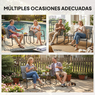 Conjunto de Mesa y Sillas de Terraza Exterior de 3 Piezas, Muebles de Jardín Exterior con 2 Sillas Mecedoras, Mesa con Encimera de Vidrio y Estructura de Acero, para Patio, Balcón, Gris