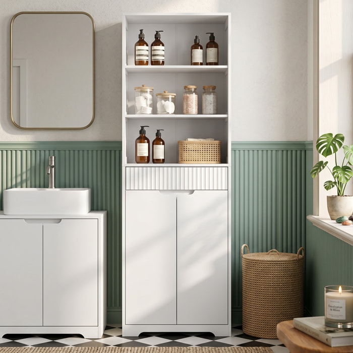 Armario Alto de Baño, Mueble de Baño Estrecho con 3 Estantes Abiertos, Cajón Acanalado, Estante Ajustable y Puertas de Cierre Suave, para Espacios Pequeños, 60x30x171 cm, Blanco