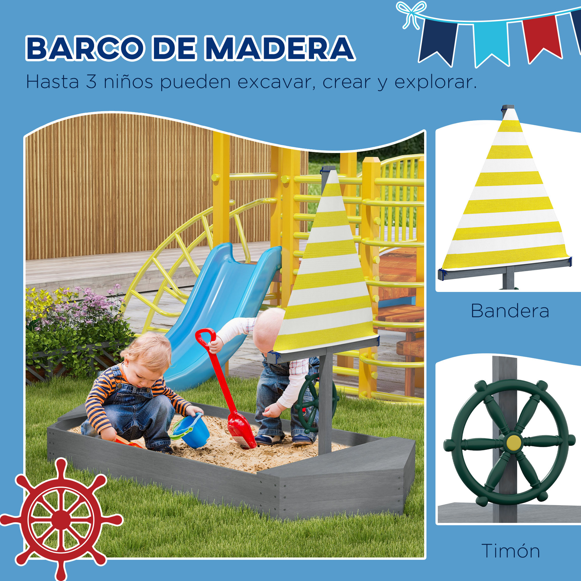 Arenero para Niños de Madera Arenero Infantil con Bandera y Timón en Forma de Velero para Patio Jardín 190x90x138 cm Girs Oscuro