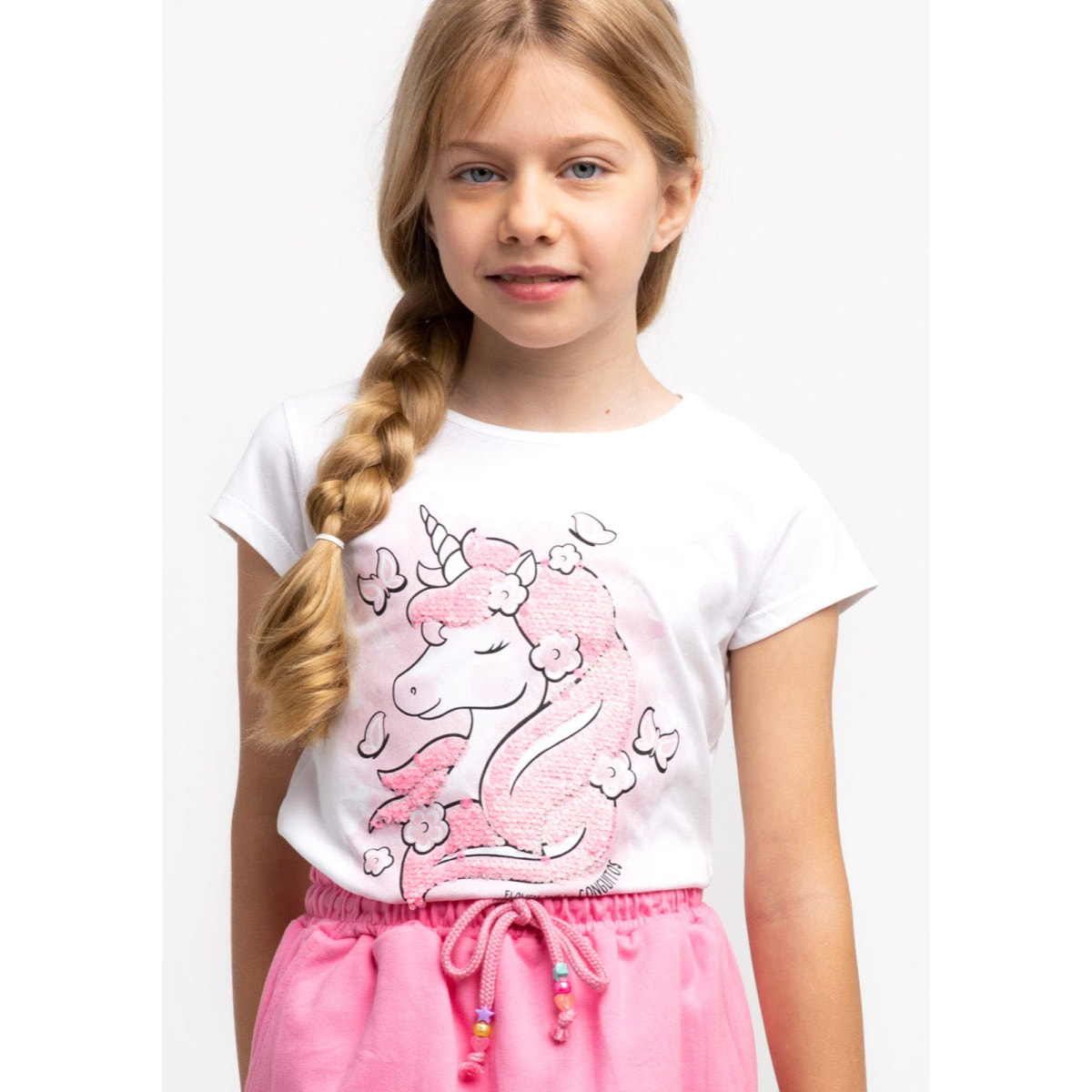 Camiseta de Niña Unicornio Lentejuelas En Blanco