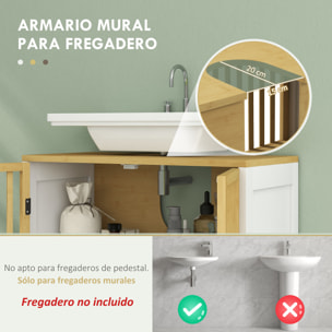 Mueble para Debajo del Lavabo Armario de Baño Bajo Lavabo de Bambú con Puerta Doble y Estante Ajustable Carga 30 kg 60x30x70 cm Natural y Blanco