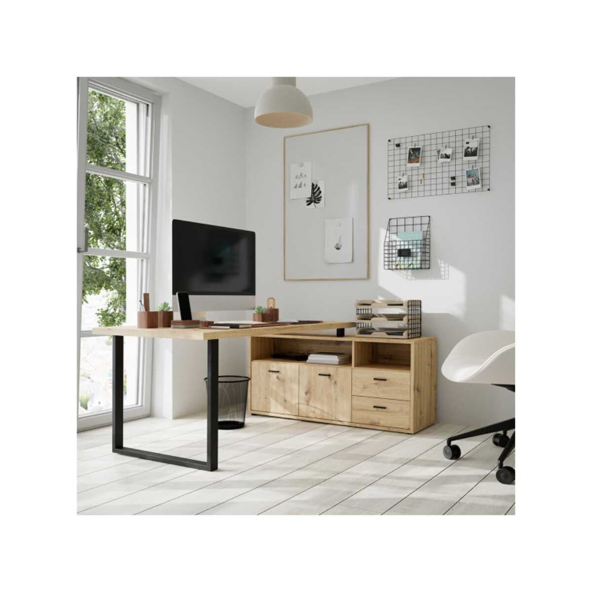 Bureau d’angle 181 cm chêne rustique avec rangements - 2 placards & 2 tiroirs - GOTHAM
