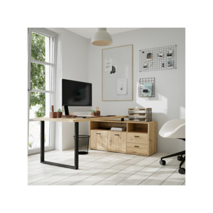 Bureau d’angle 181 cm chêne rustique avec rangements - 2 placards & 2 tiroirs - GOTHAM