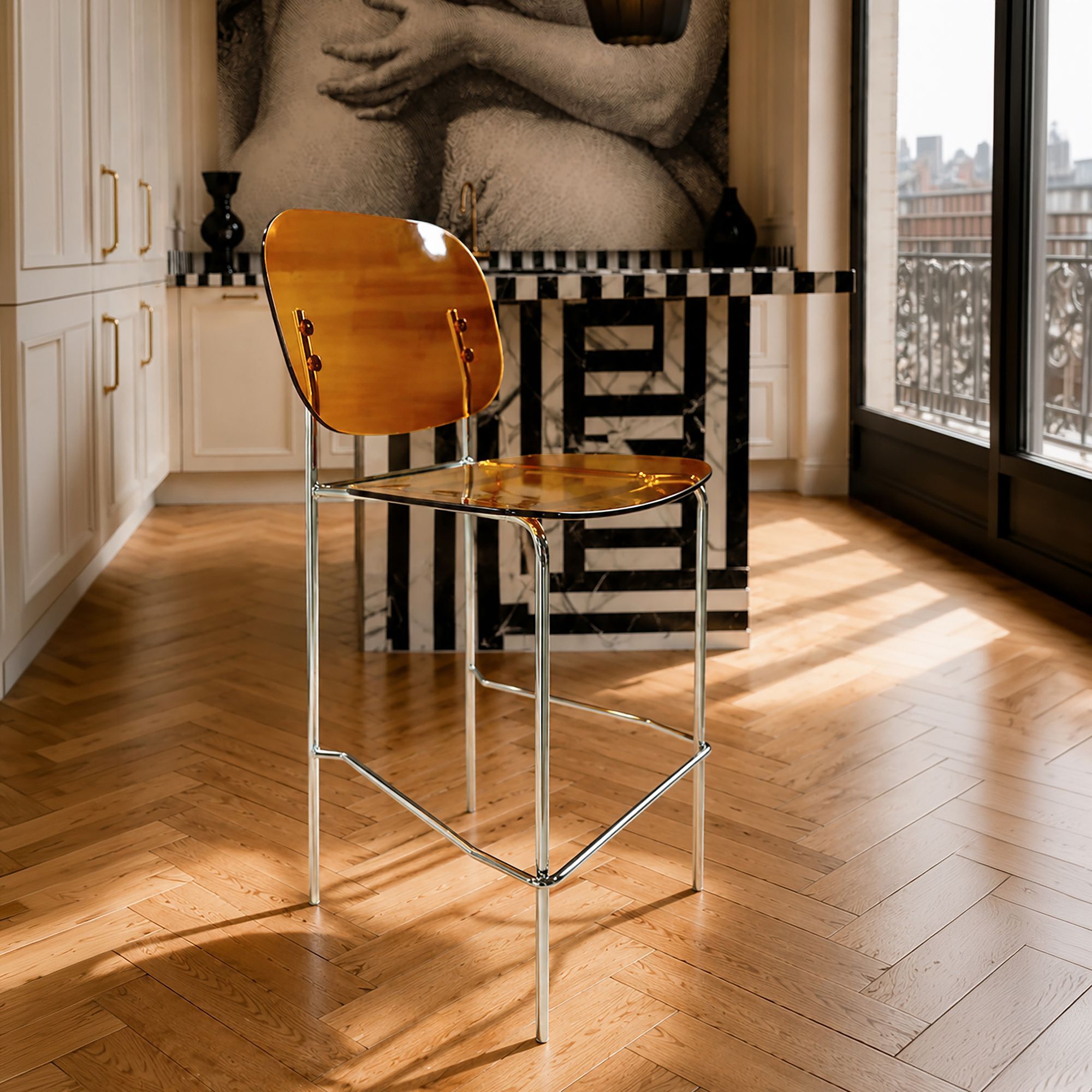 Lot de 2 chaises de bar en résine acrylique et métal ambre GLAM