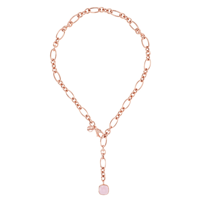 Collana a Cravatta Catena Ovale con Quarzo Rosa Quadrato