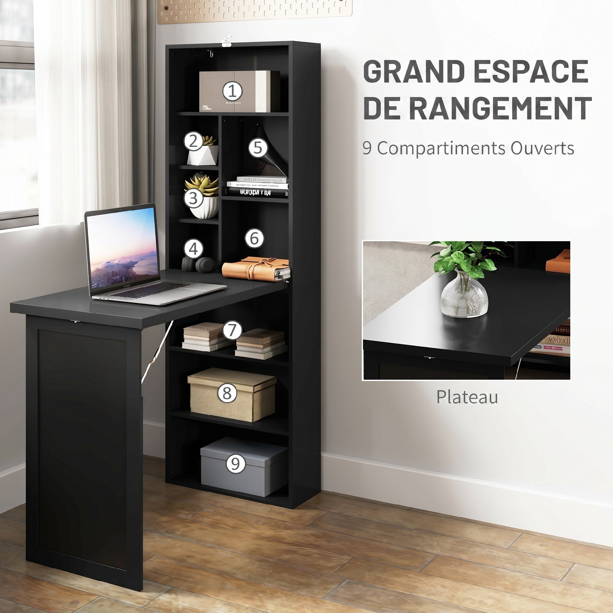 Bureau mural pliable table murale rabattable suspendue sur pied avec bibliothèque tableau à craie intégré noir