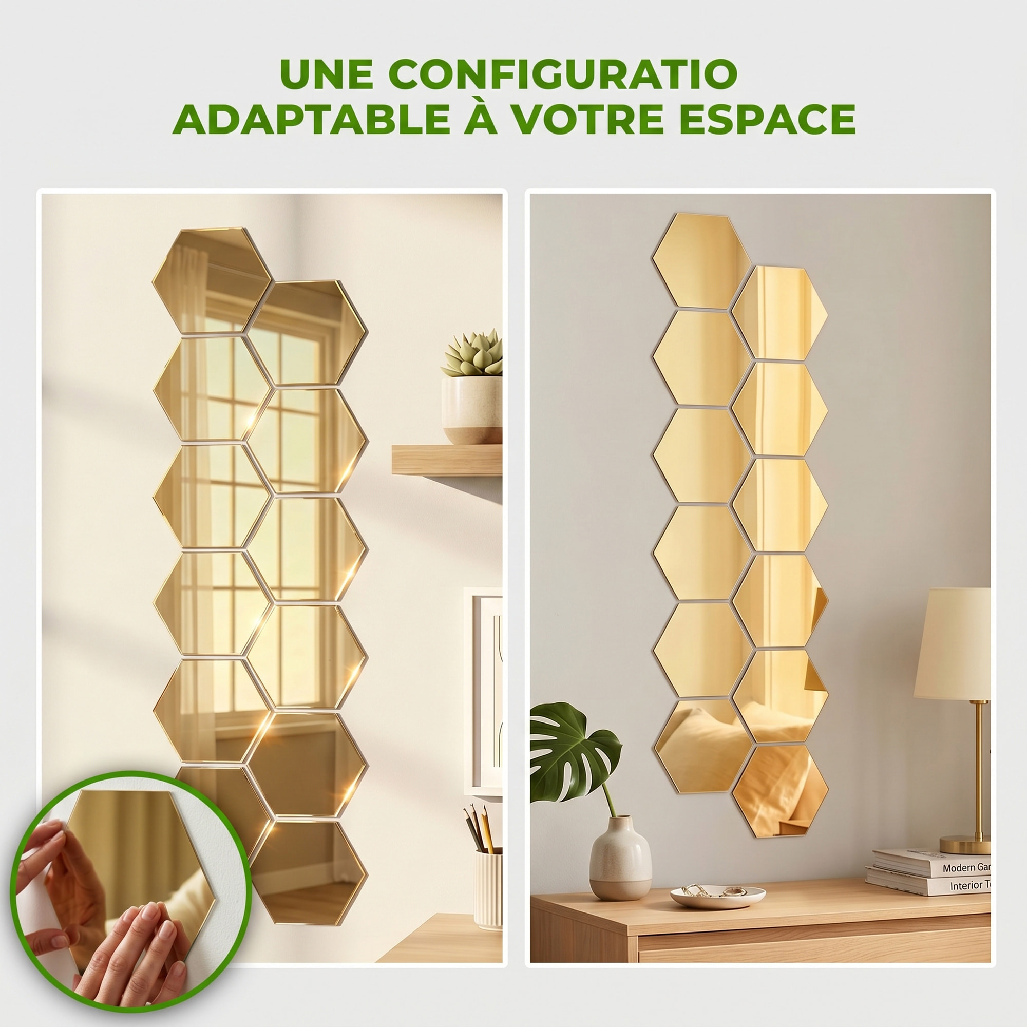 12 stickers miroirs hexagones or - 20x17cm