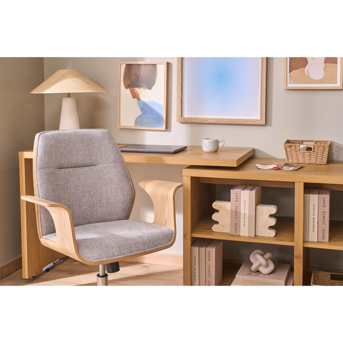 Chaise de bureau à roulettes design en tissu effet velours texturé gris, bois clair et acier chromé RUFIN