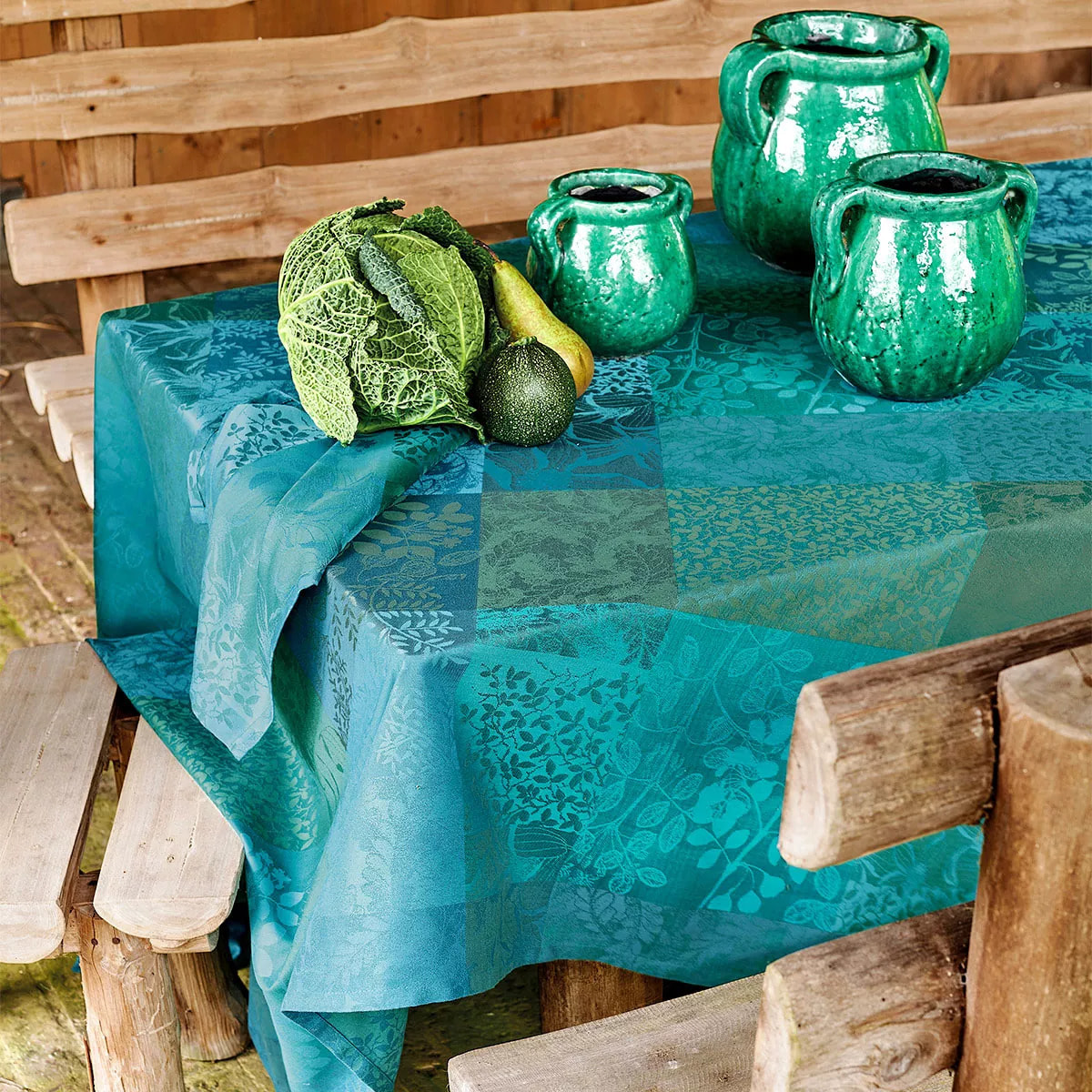 Set pur coton enduit motif jacquard Mille rameaux emeraude