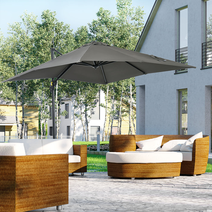 Sombrilla de Jardín de Aluminio 245x245x245 cm Parasol Excá©ntrico con Manivela Giratorio 360° Inclinación de 3 Niveles Tela Desmontable Gris