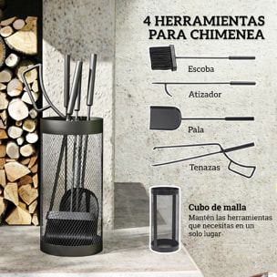 Juego Utensilios Chimenea de 5 Piezas, Juego de Accesorios para Chimenea de Metal con Escoba, Pala, Tenazas, Atizador y Soporte, Ø16x33,5 cm, Negro