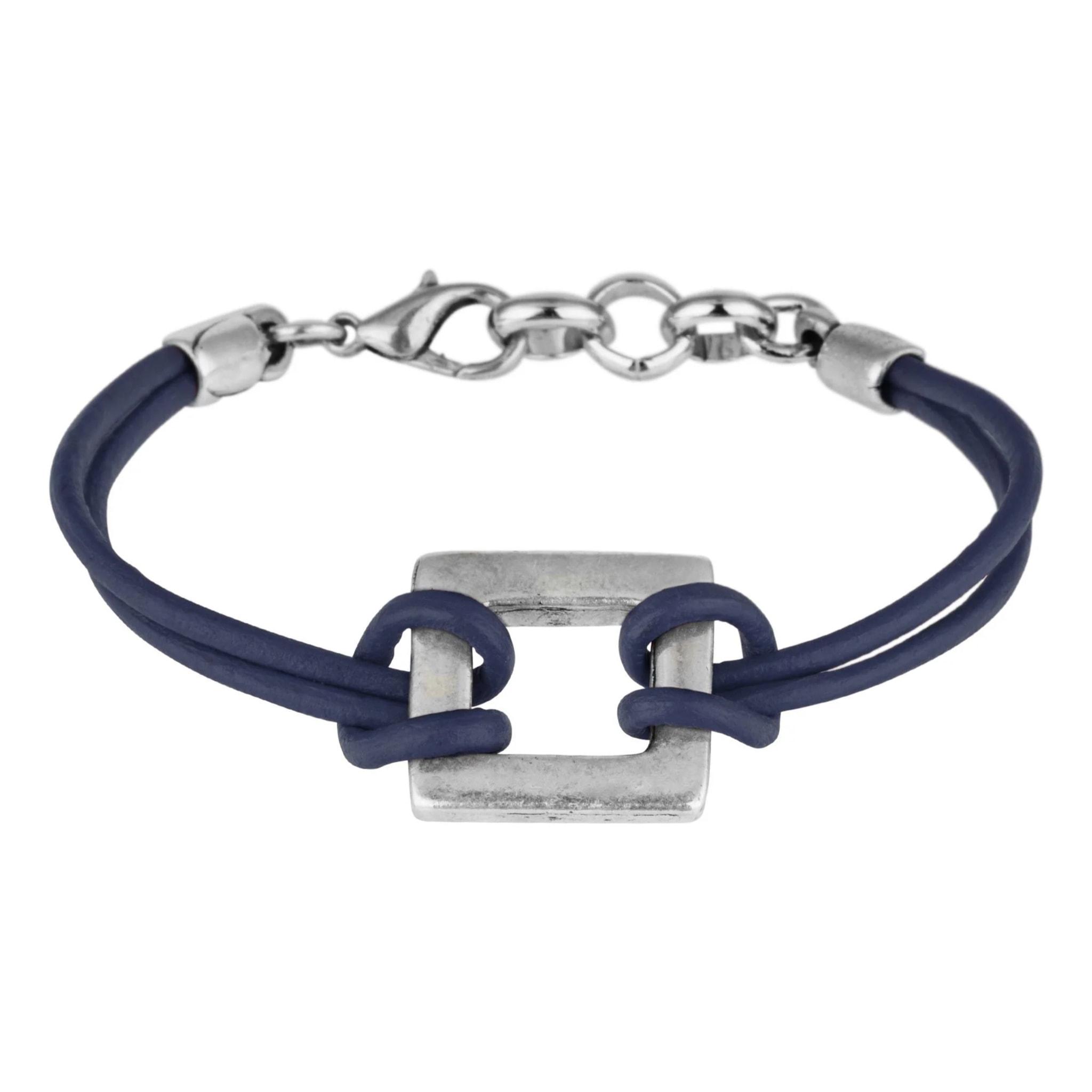 Pulsera cuero azul y cuadrado plata chapado