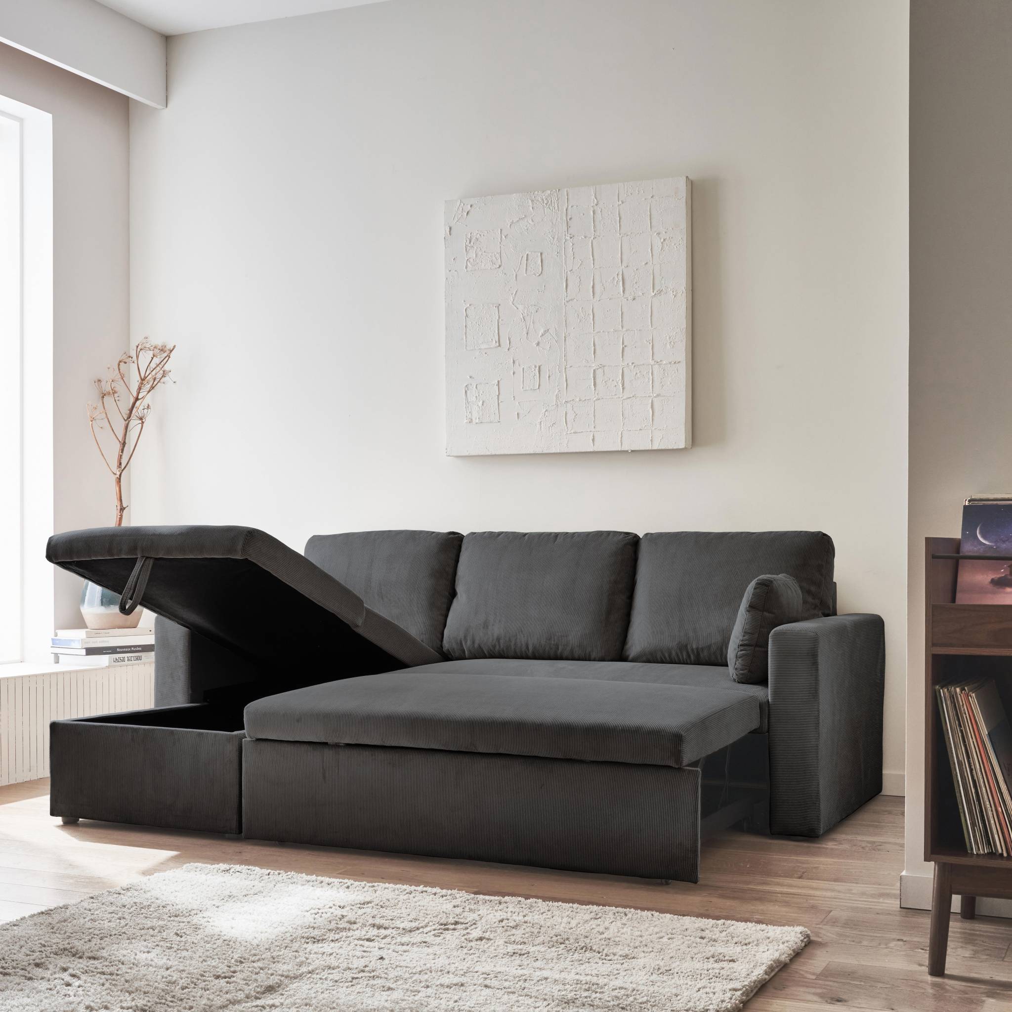 Canapé d'angle convertible en velours côtelé gris foncé  - IDA - 3 places. fauteuil d'angle réversible coffre rangement lit modulable
