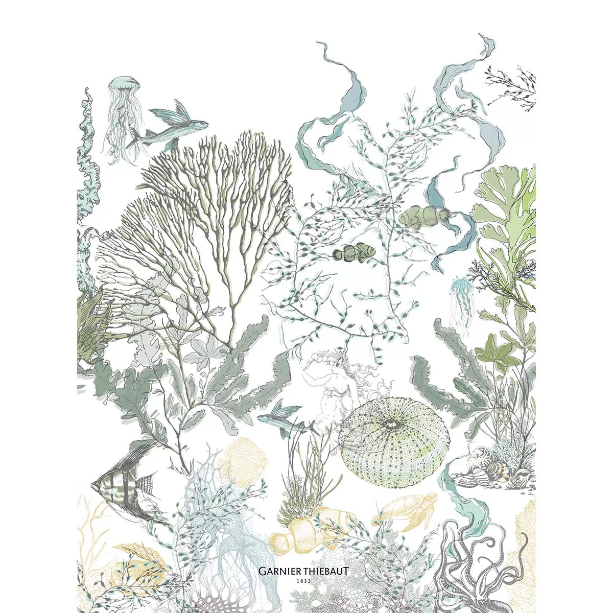 Torchon lin & coton lavé 190 g/m² imprimé blanc bleu vert Balade marine verde