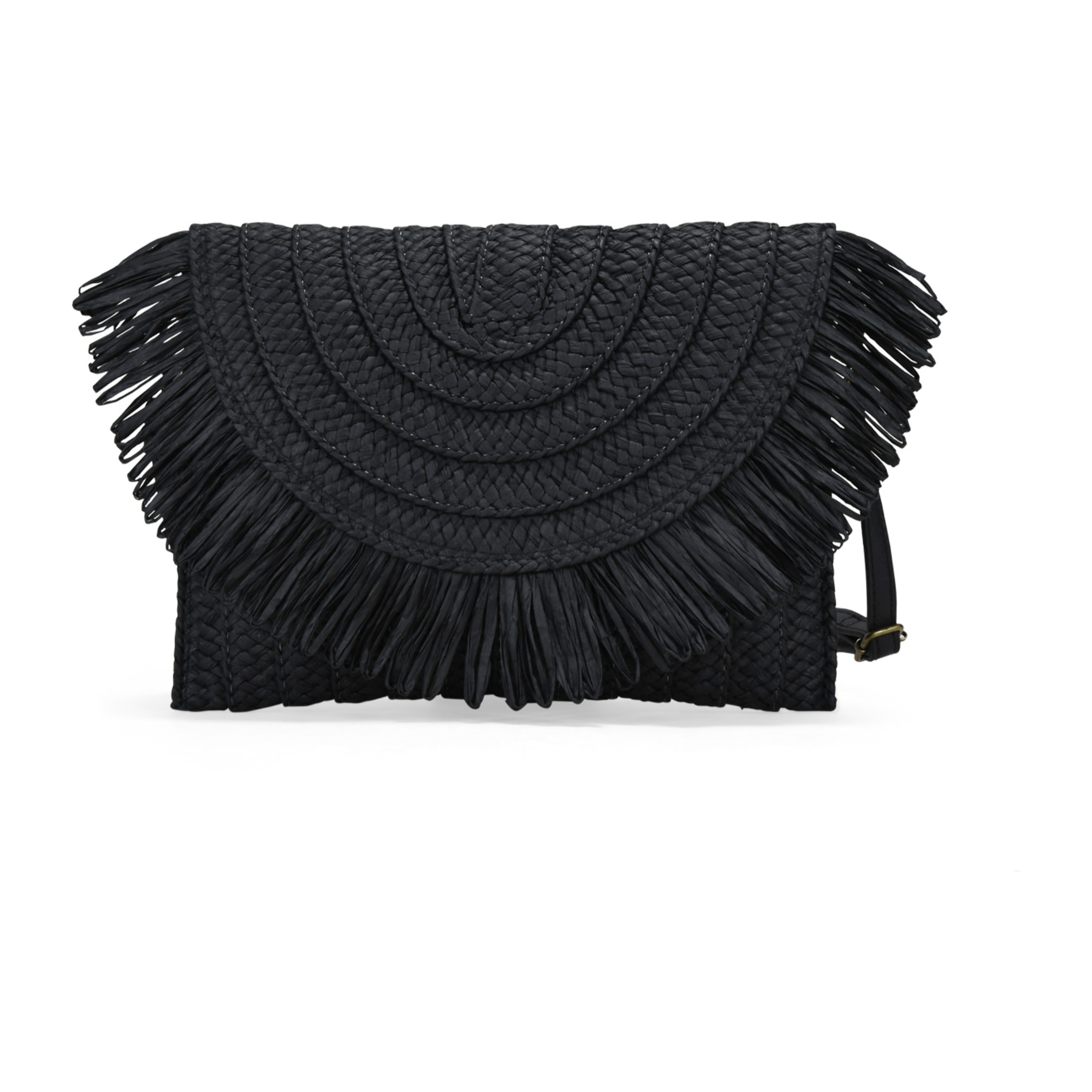 Bolso de mano negro con solapa y flecos