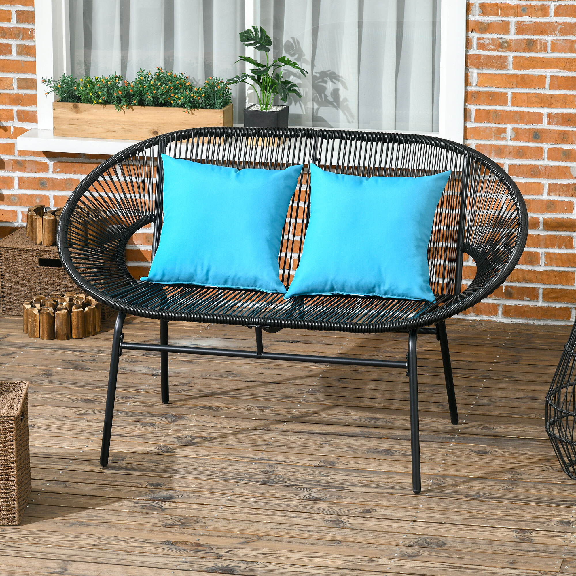 Banc de jardin 2 places design Acapulco 2 coussins métal résine filaire noir