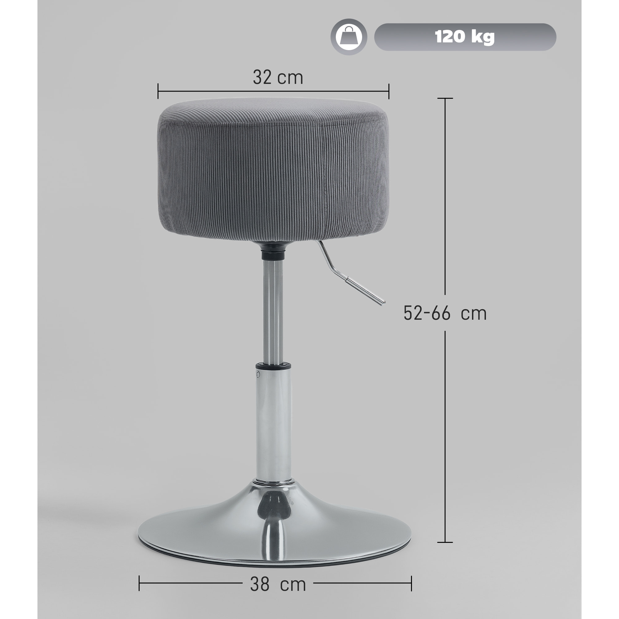 Taburete de Bar Taburete Alto de Cocina Regulable en Altura 52-66 cm Tapizado en Pana Giratorio en 360° para Comedor Tocador Mostrador Gris