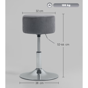 Taburete de Bar Taburete Alto de Cocina Regulable en Altura 52-66 cm Tapizado en Pana Giratorio en 360° para Comedor Tocador Mostrador Gris