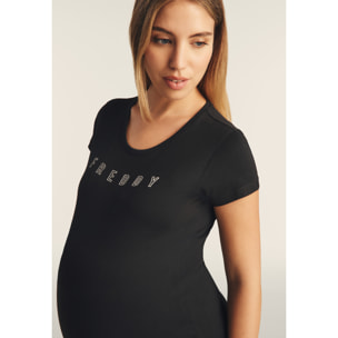 T-shirt scollo tondo con logo glitter