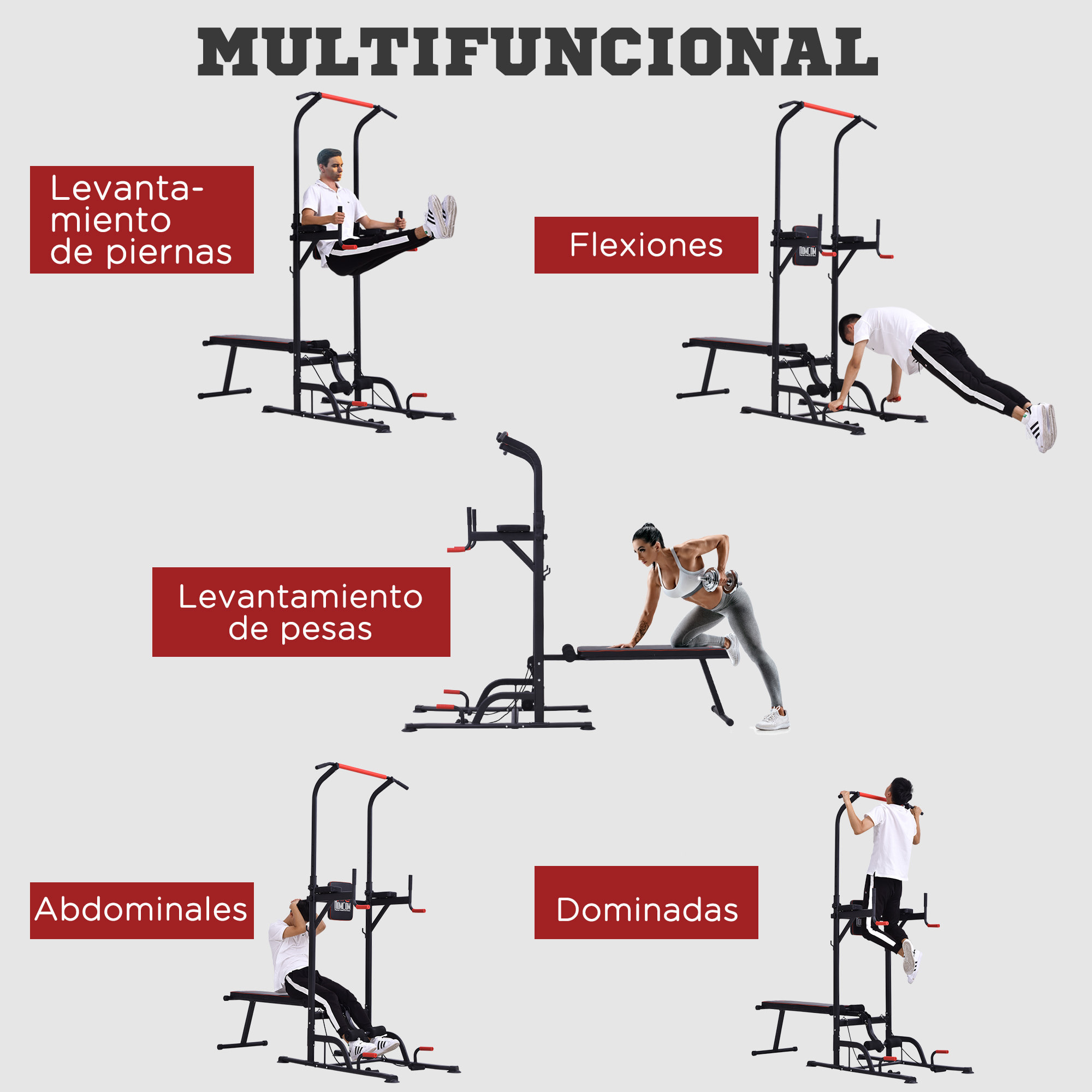 Estación de Musculación Multifuncional Torre de Entrenamiento Ajustable en Altura con Banco Plegable Barra de Dominadas para Fitness 220x98x181-229 cm Negro