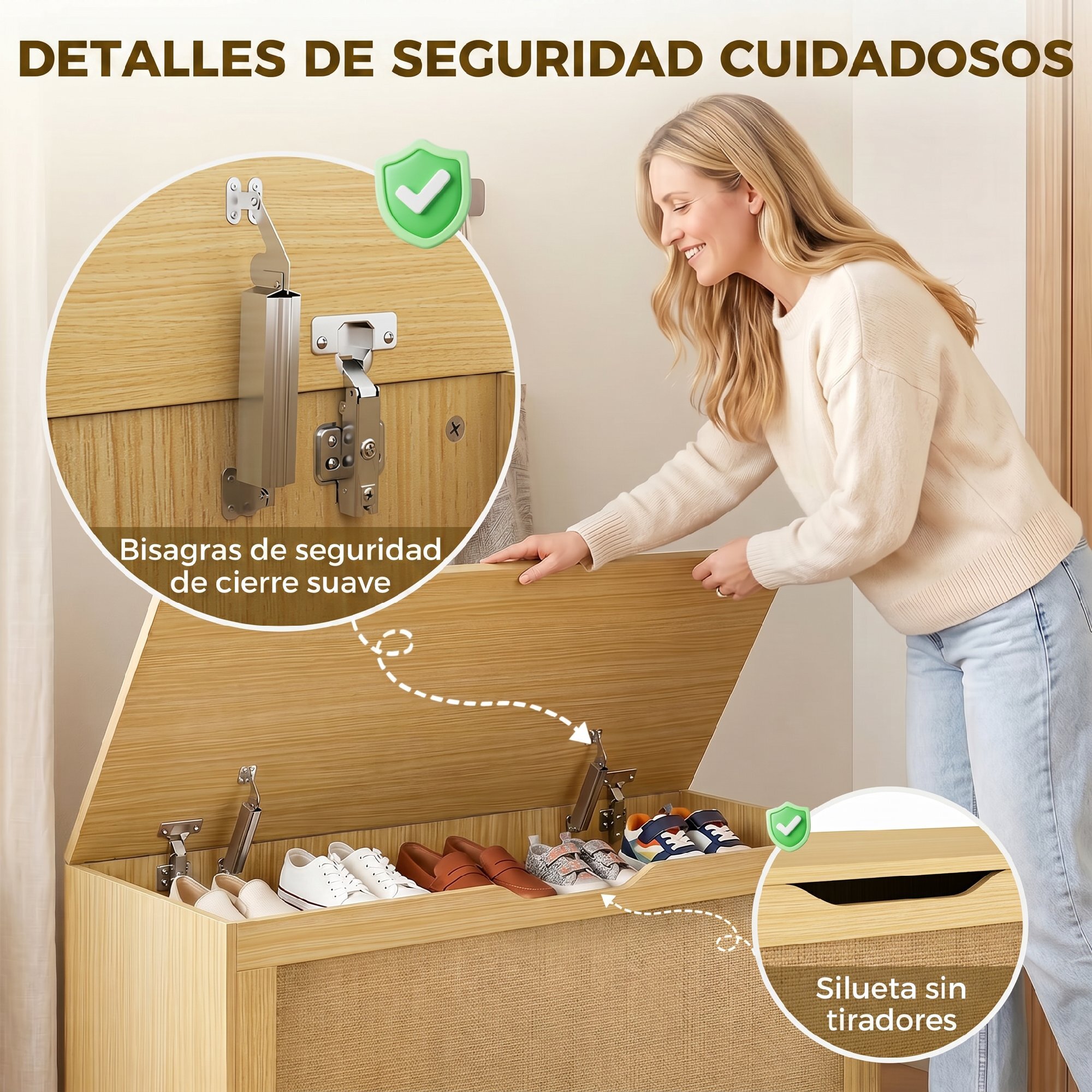 Baúl de Almacenaje 136L, Banco de Almacenaje con Panel de Ratán, Tapa Elevable, Brazos de Soporte, Diseño Sin Tiradores, para Recibidor, Pasillo, Dormitorio, Salón, 100x40x45 cm, Roble