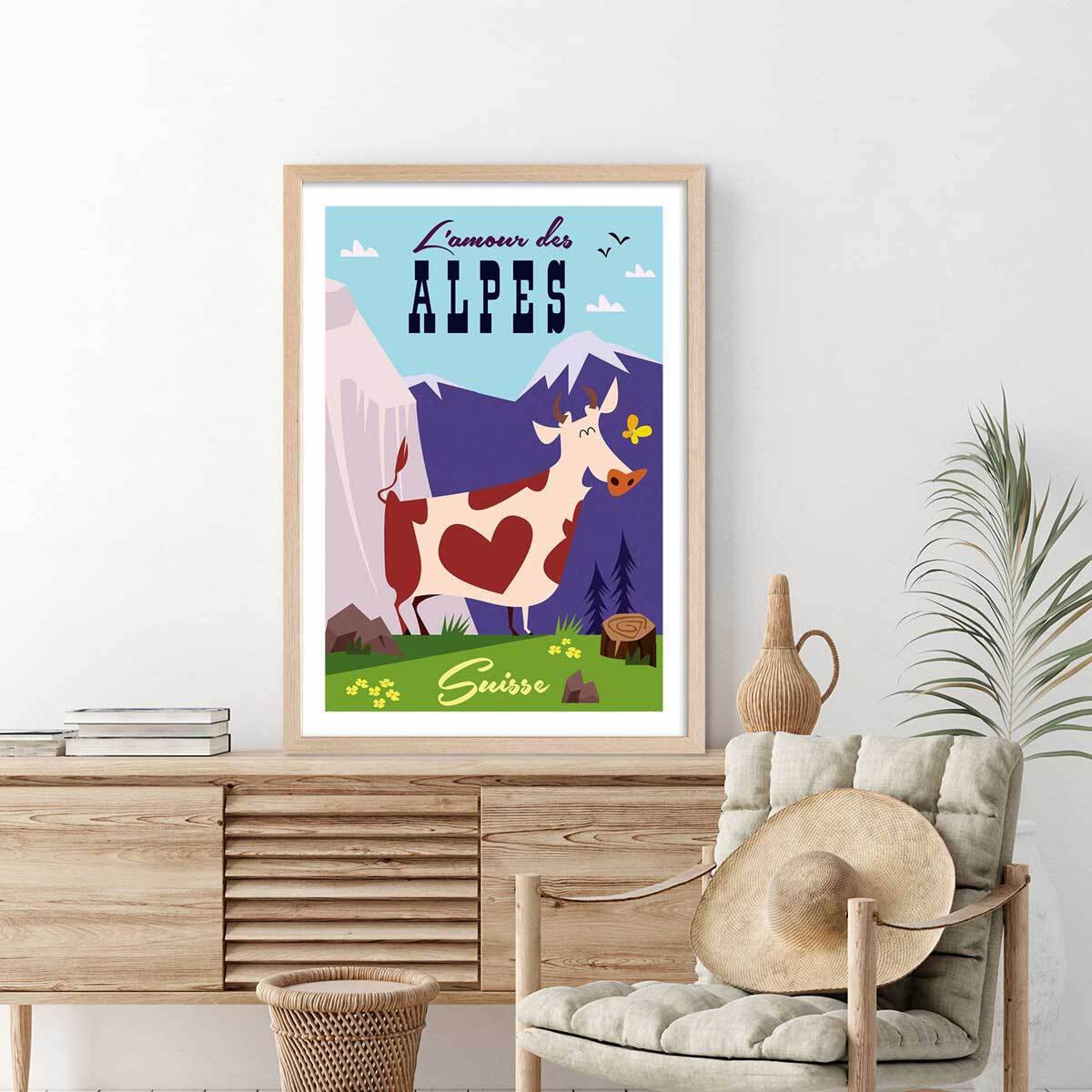 Poster de l'amour des alpes suisse Affiche + cadre en bois - Chêne