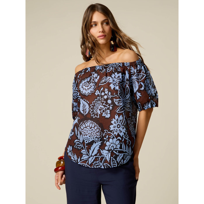 Oltre - Blusa off-shoulder in cotone - Marrone