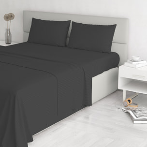 COMPLETO LETTO SATIN STRIPES, 100% Raso di Poliestere, Tinta Unita, Made in Italy - NERO