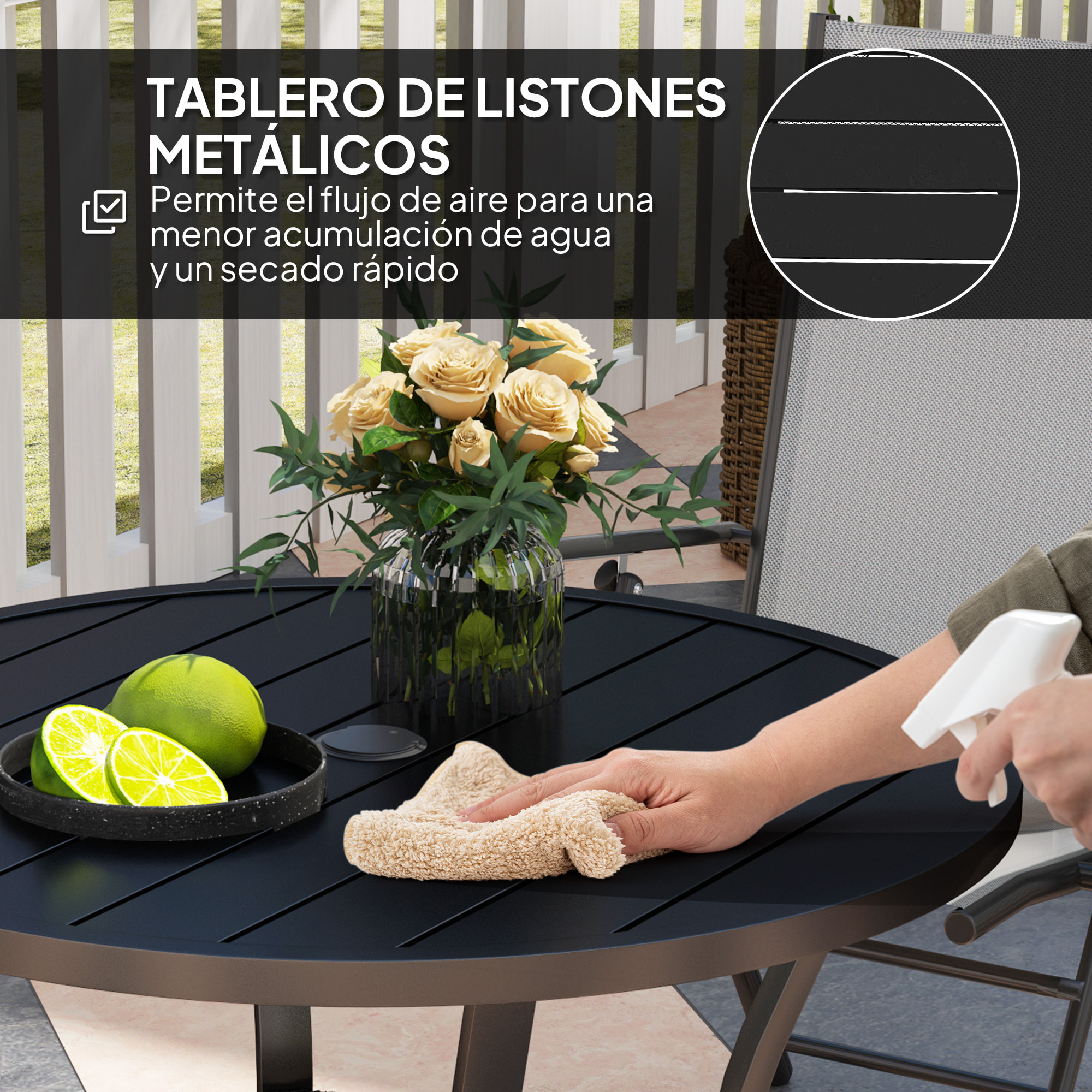 Mesa de Jardín Exterior con Orificio para Sombrilla Mesa de Comedor Exterior Redonda con Encimera de Metal Estante Inferior y Estructura de Acero para Patio Terraza Ø90x73 cm Negro