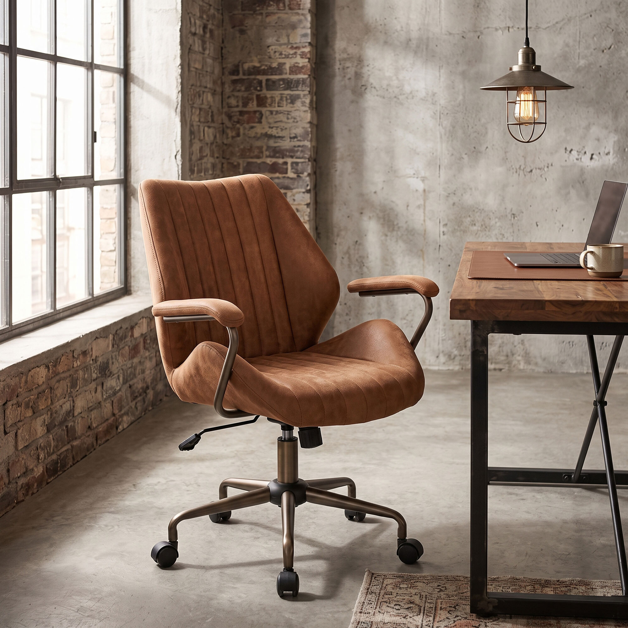 Havana - Sedia Da Ufficio 45x92x37 cm Poltrona Industrial Chic in Camoscio Suade Base a Stella in Bronzo Spazzolato