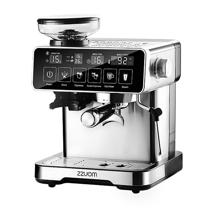 Macchinetta del caffè da 1150W con 22 livelli di macinatura da 120W e sistema duale per caffè freddo o caldo. Schermo touch, lancia vapore, pressione di 20 bar e serbatoio da 2L.