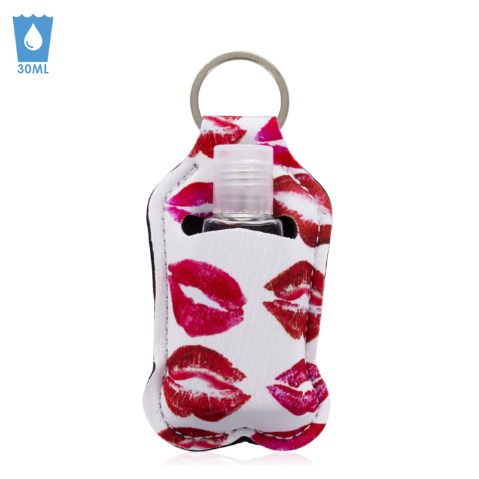 Portachiavi bottiglia igienizzante mani alcool ricaricabile 30ml tessuto design baci.
