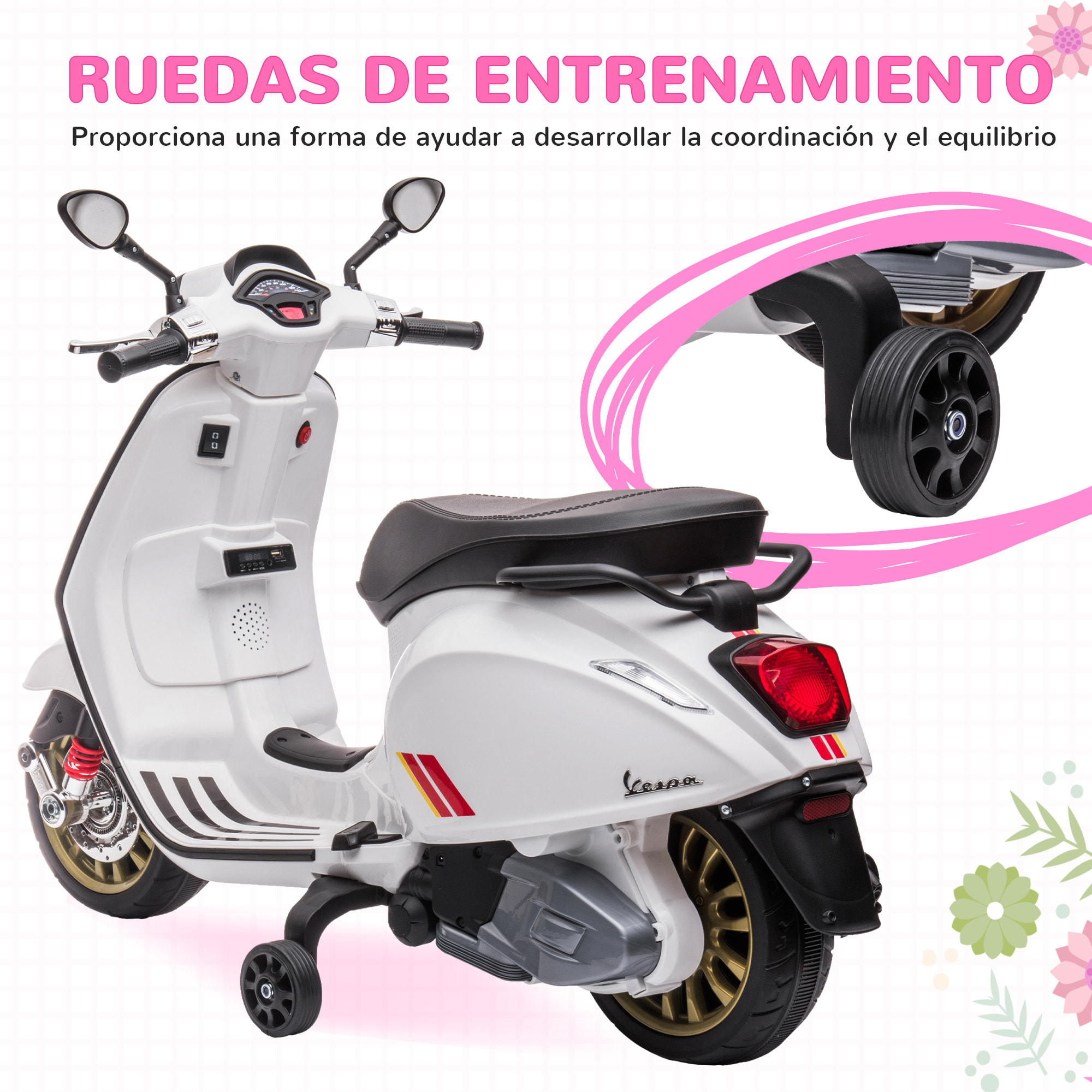 Moto Eléctrica para Niños de +3 Años con Licencia Vespa Moto de Batería para Niños 6V con USB MP3 Luz LED Radio FM Velocidad 3 km/h Carga 35 kg Blanco