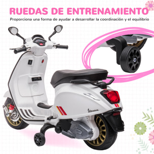 Moto Eléctrica para Niños de +3 Años con Licencia Vespa Moto de Batería para Niños 6V con USB MP3 Luz LED Radio FM Velocidad 3 km/h Carga 35 kg Blanco
