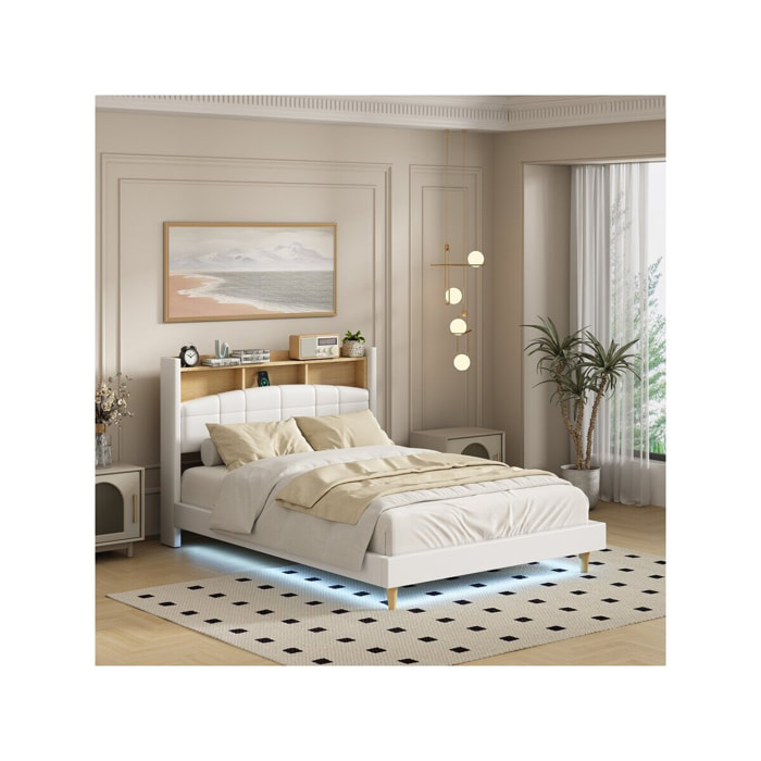 Lit double led avec rangement tête de lit "Sarah" - 140 x 190 cm - Blanc