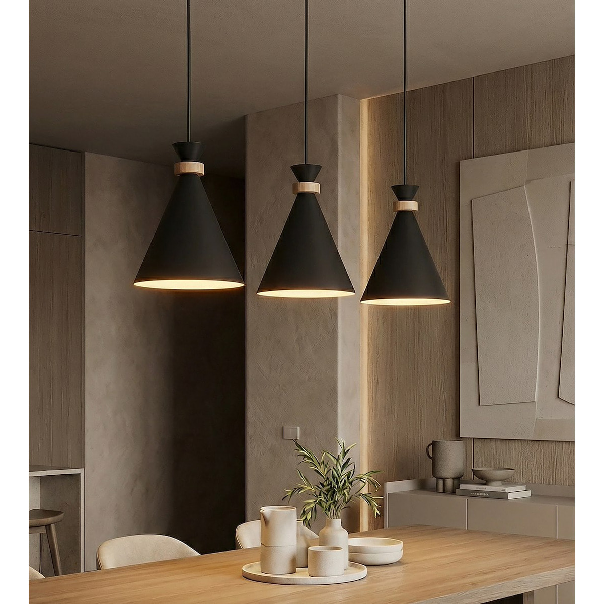 Lampada a sospensione Zero in acciaio nero opaco e legno