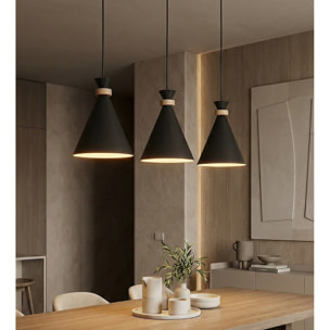 Lampada a sospensione Zero in acciaio nero opaco e legno