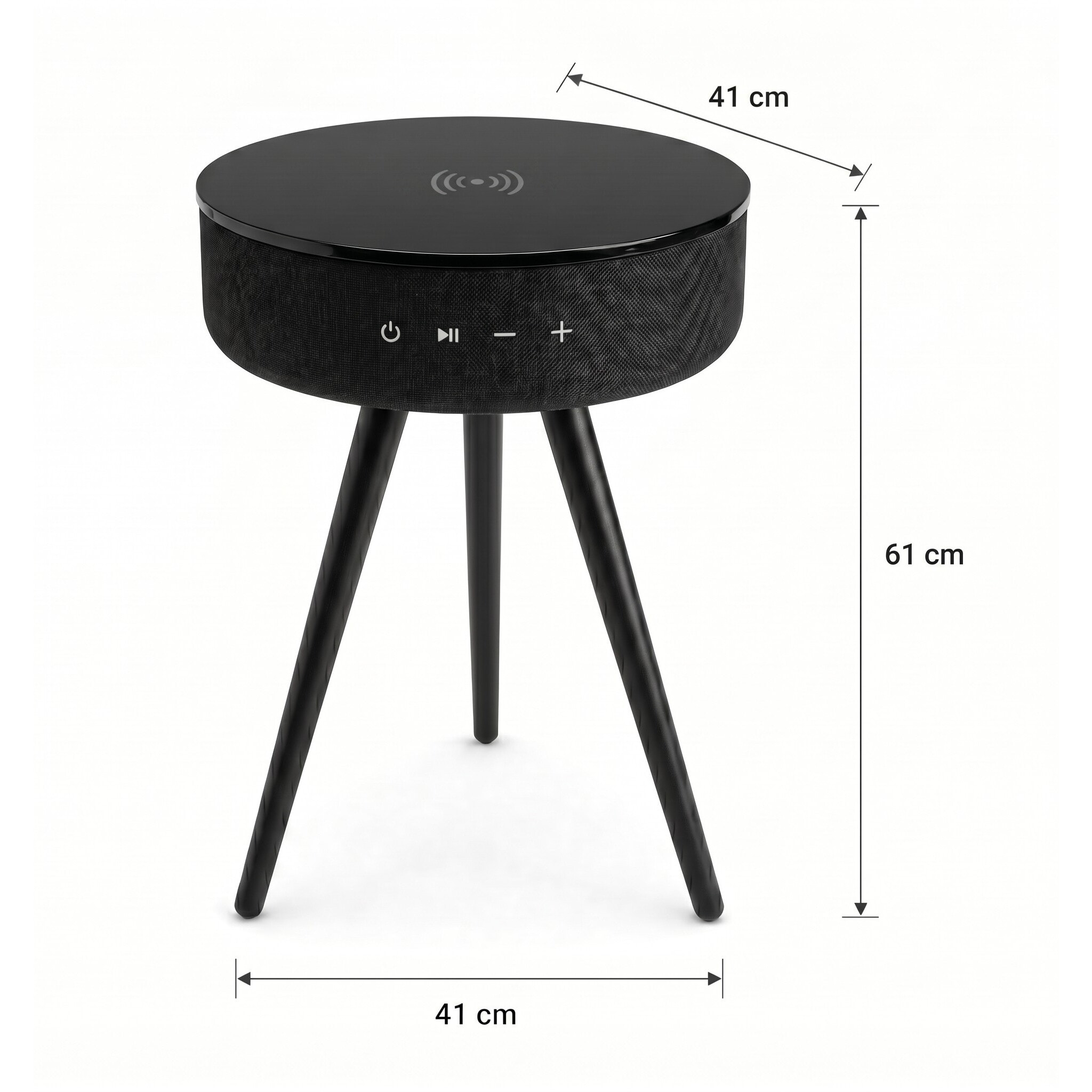 Mesa auxiliar altavoz portátil con sonido de 30W, Bluetooth, base de carga inalámbrica, batería de 2200mAh. Mesilla o mesita para dormitorio o sala de estar - TD Systems SM30B11WGN [Cristal negro]