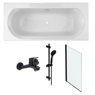 Pack baignoire droite 170 x 75 Elise + pack pommeau et mitigeur bain douche noir mat + pare bain noir mat + vidage