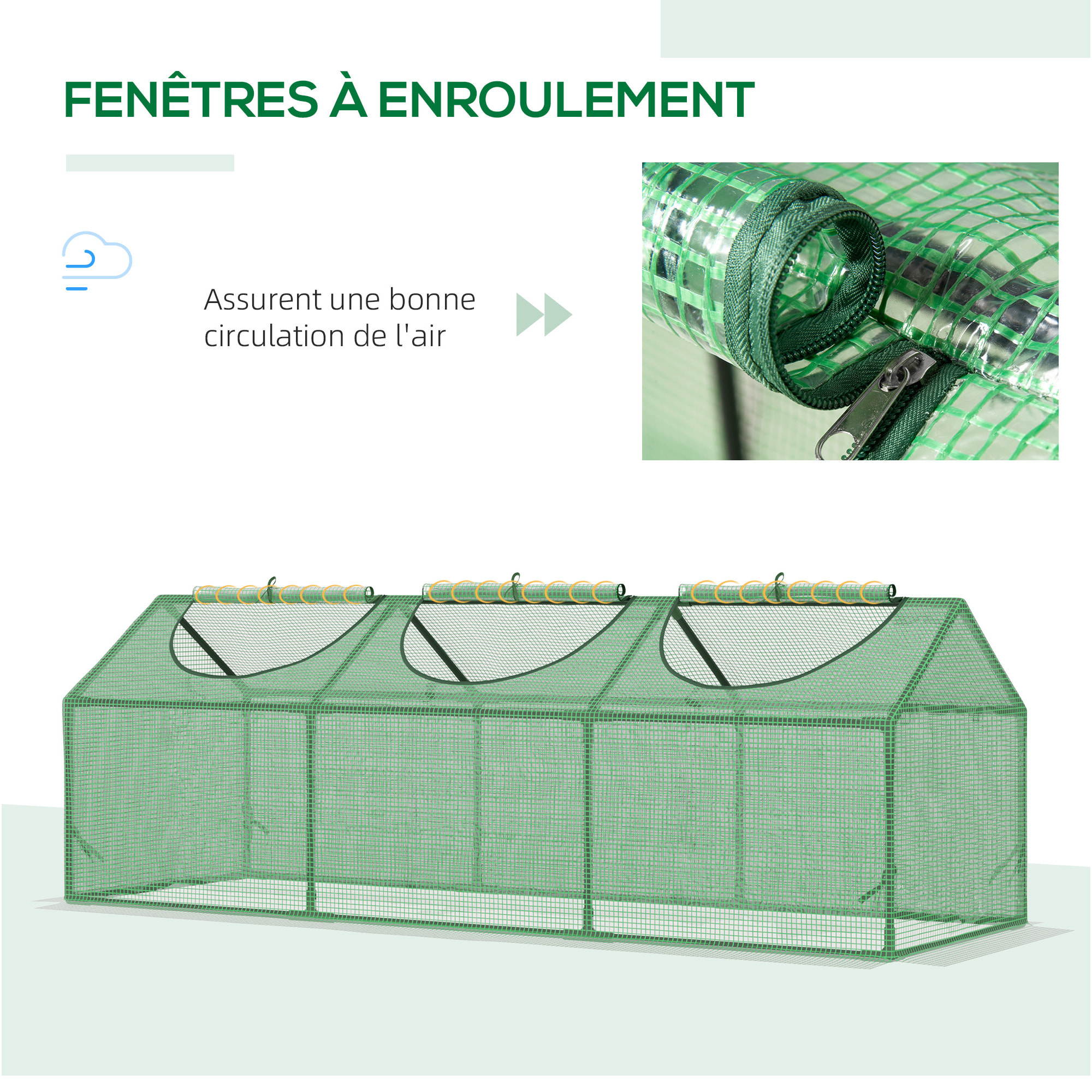 Mini serre de jardin serre à tomates 180 x 60 x 60 cm 3 fenêtres zippées enroulables acier thermolaqué PE haute densité vert