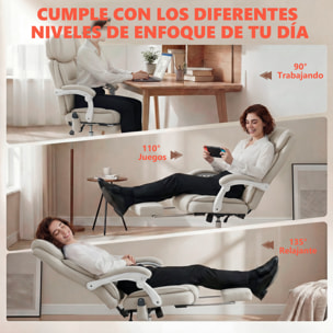 Silla de Oficina con Masaje Vibratorio de 6 Puntos y Calor Lumbar, Silla de Escritorio Reclinable con Reposacabezas Ajustable, Respaldo Alto, Altura Ajustable, Reposapiés, Crema