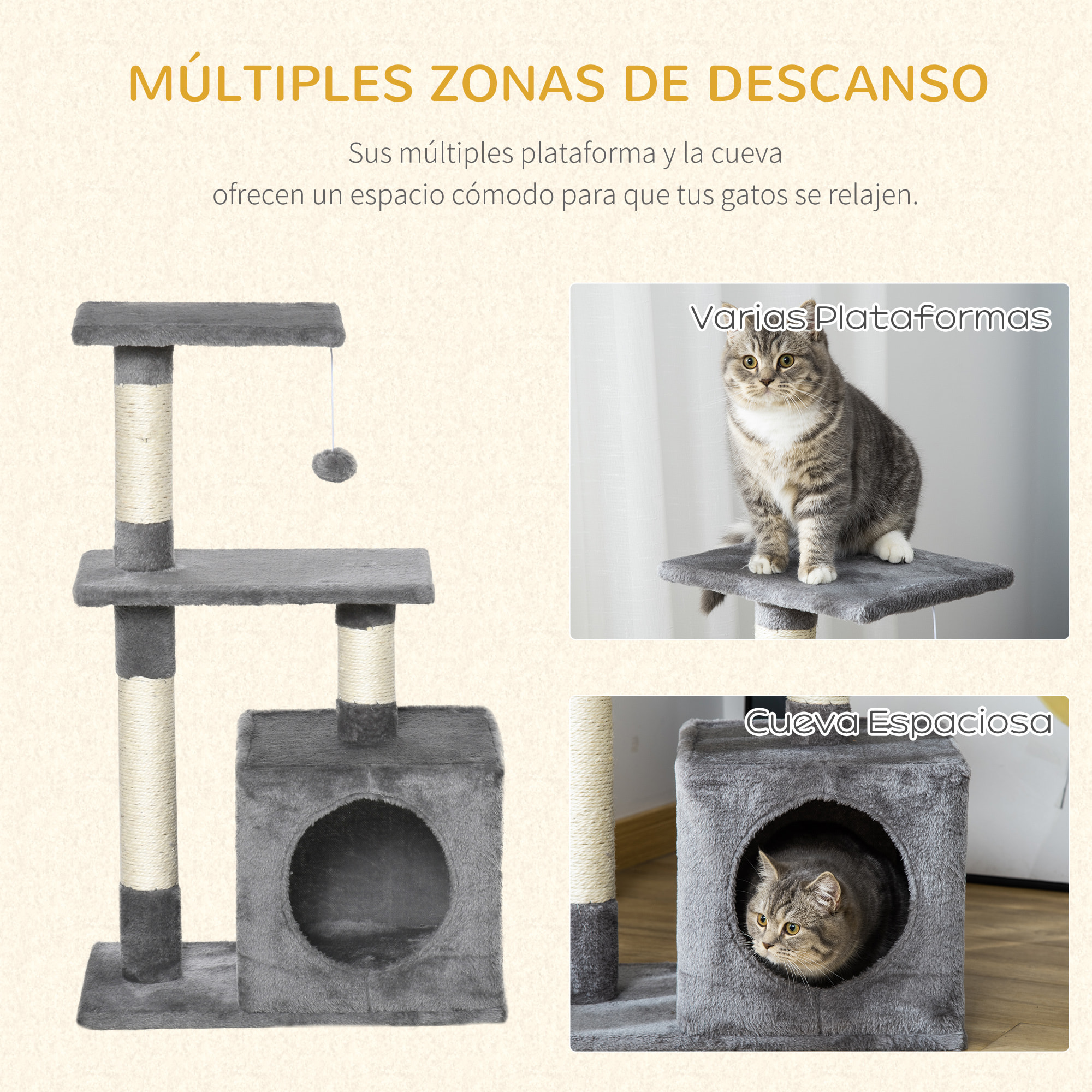 Árbol Rascador para Gatos de Felpa y Sisal 50x30x80cm Gris