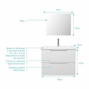 Meuble salle de bain 60cm suspendu 2 tiroirs Blanc Laque poignees integrees vasque et miroir - MILA