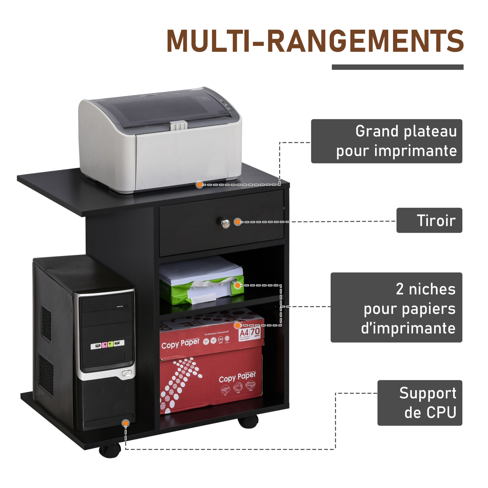 Support d'imprimante organiseur bureau caisson 2 niches tiroir espace CPU + grand plateau panneaux particules noir