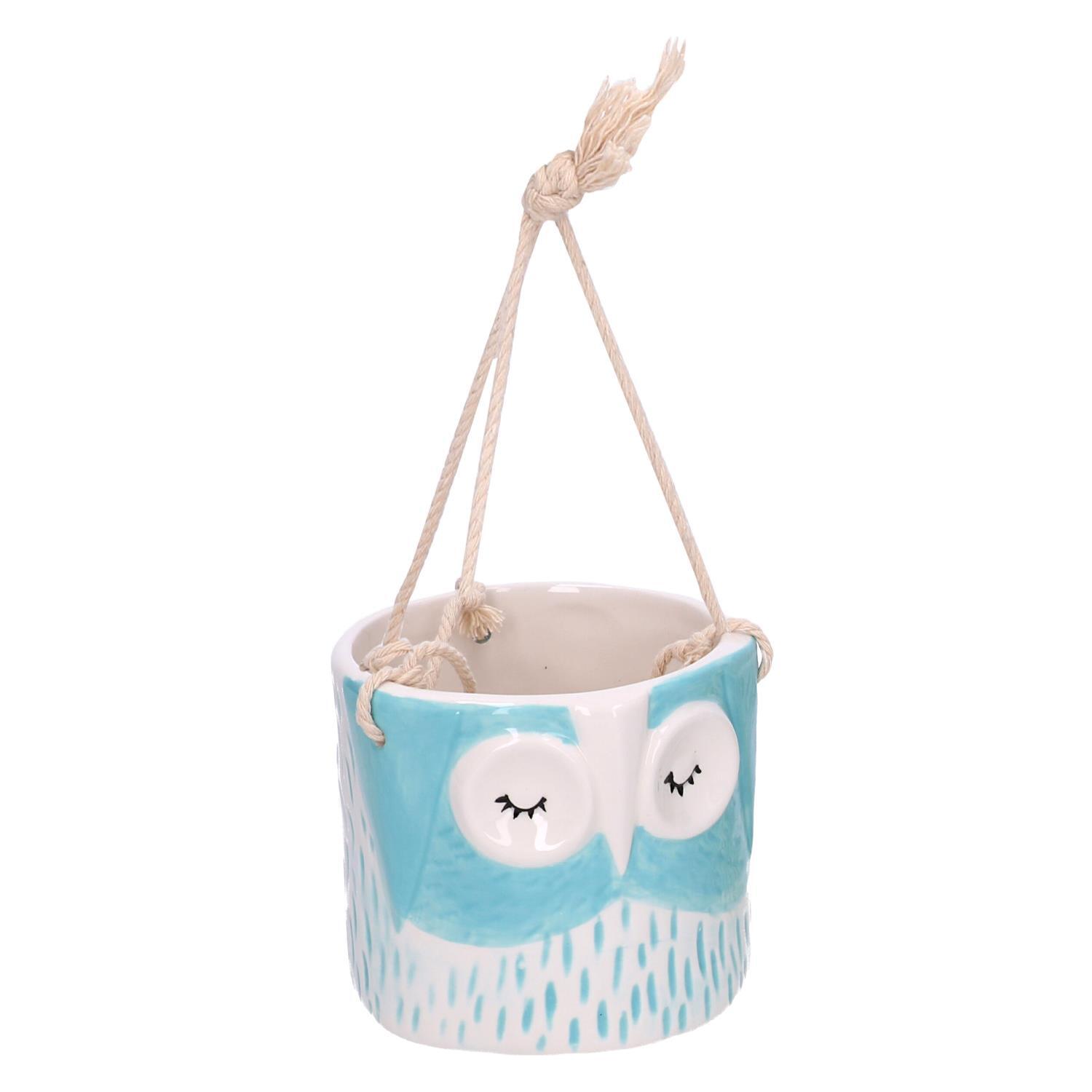 Portavaso pensile in ceramica gufo azzurro cm ø10,3h9/20