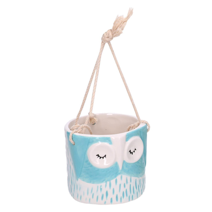 Portavaso pensile in ceramica gufo azzurro cm ø10,3h9/20