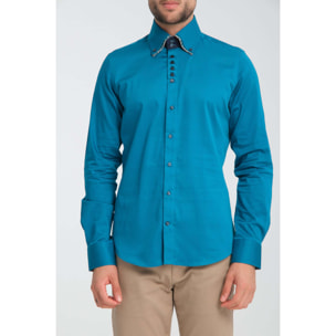 Camicia Uomo 2 Bottoni Button Down 7bottoni Doppio Coll Satin Unito Verde Ottanio