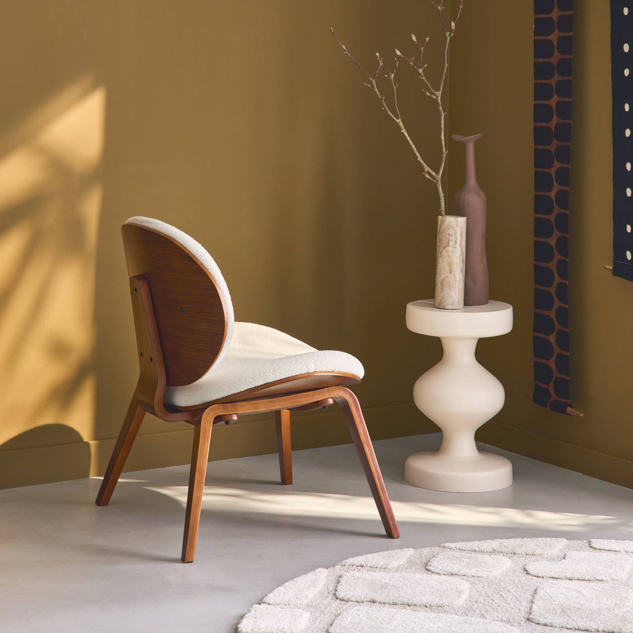 Fauteuil relax décor bois courbé placage effet noyer et bouclette texturée