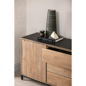 Buffet contemporain chêne massif encadrement métal noir HUDSON